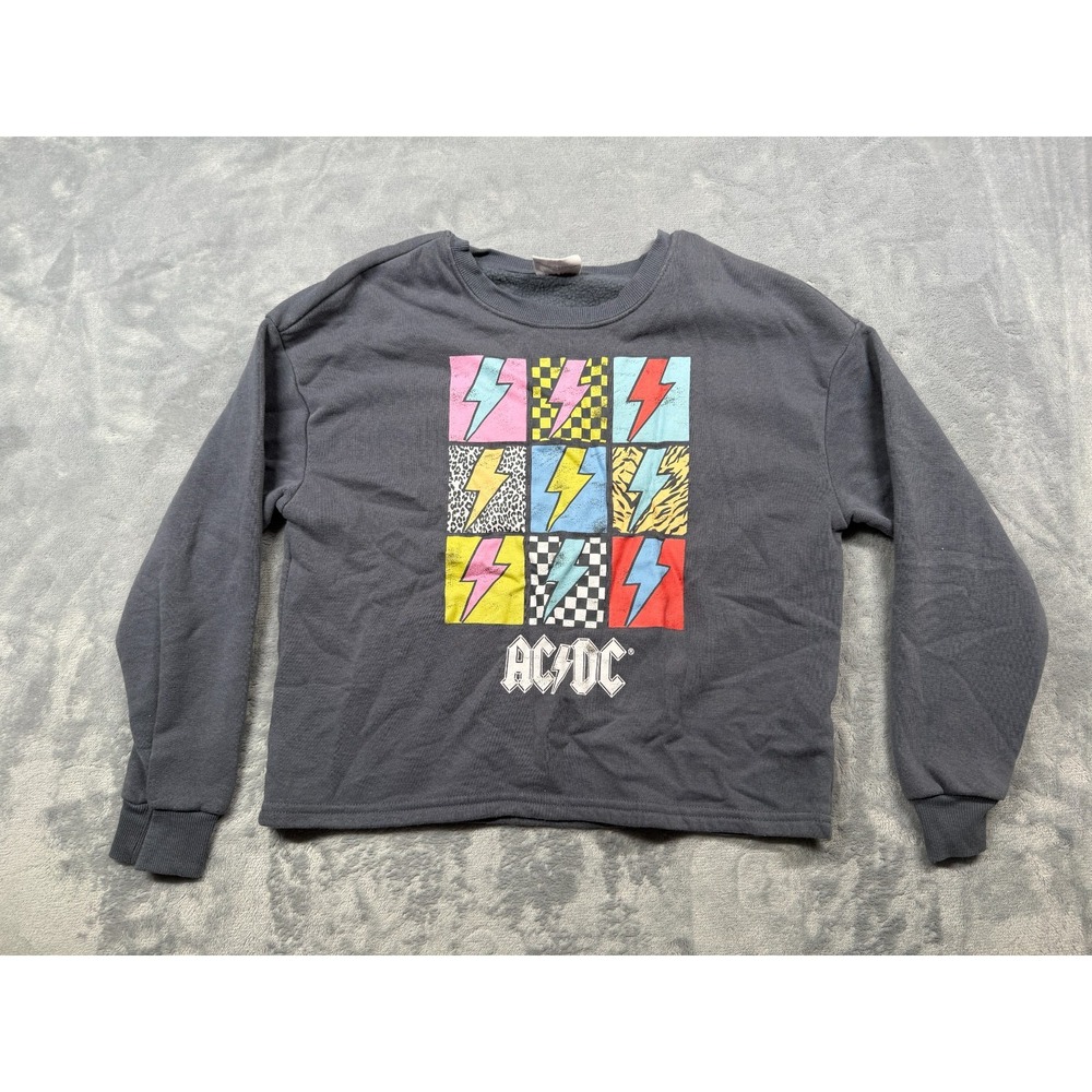 AC/DC Cropped Sweatshirt Girls L 10/12 Gray Lightning Bolts Pattern Fleece Lined